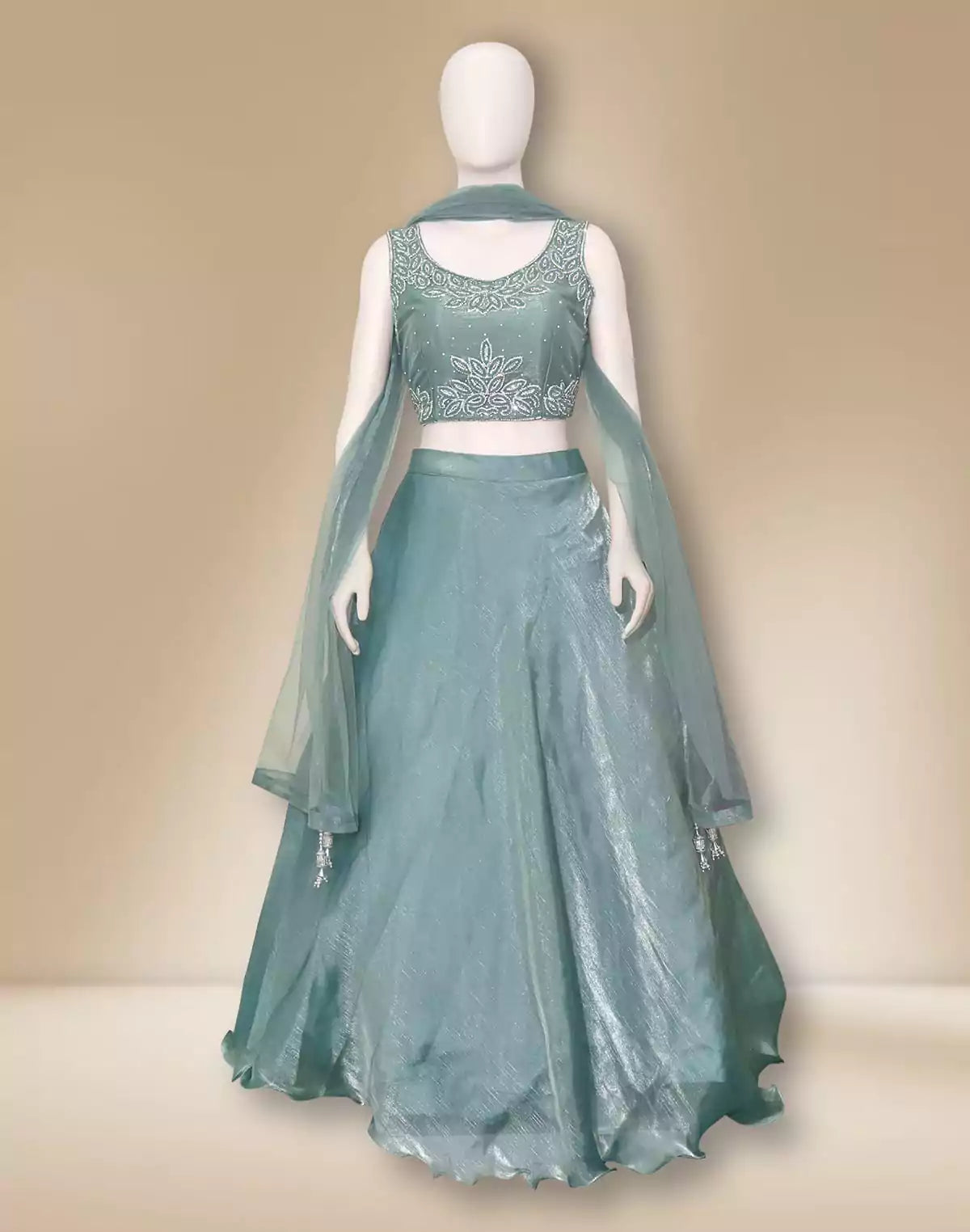 Elegant Sea Green Netted Stones work Lehenga Set – South India