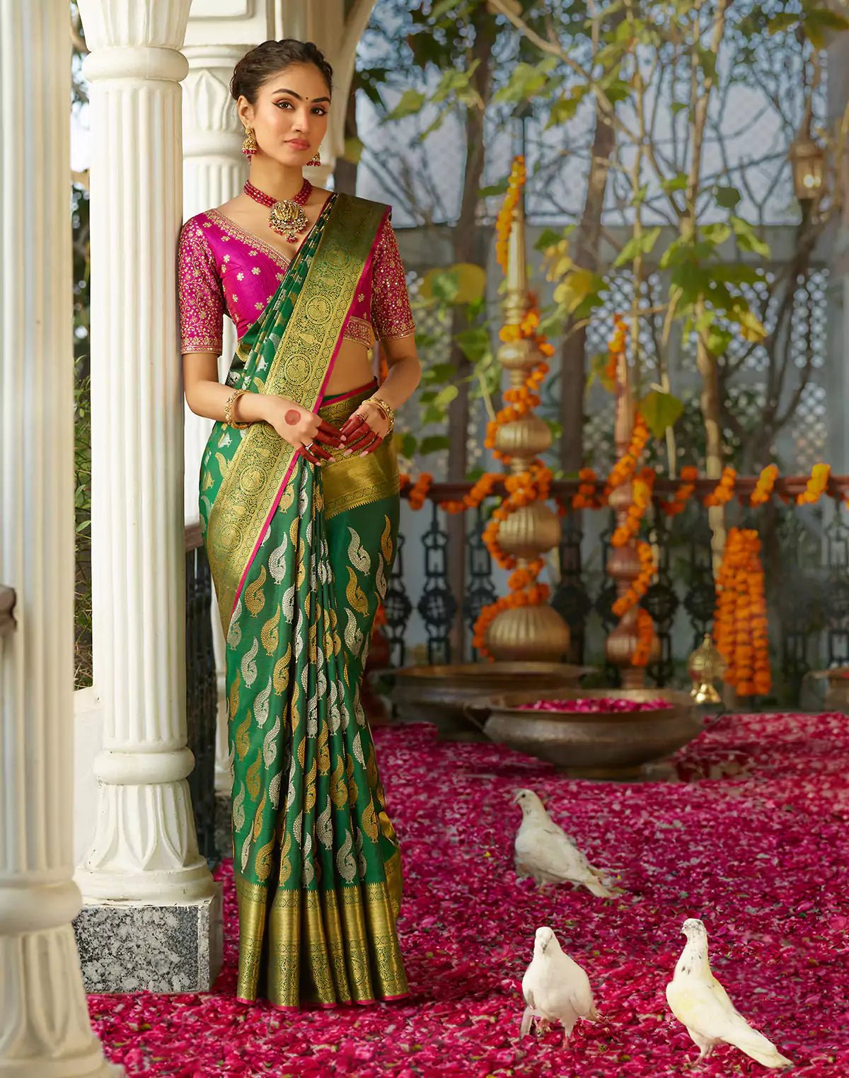 Dark Green Golden Silver Butta Kanjivaram Pure Silk Saree