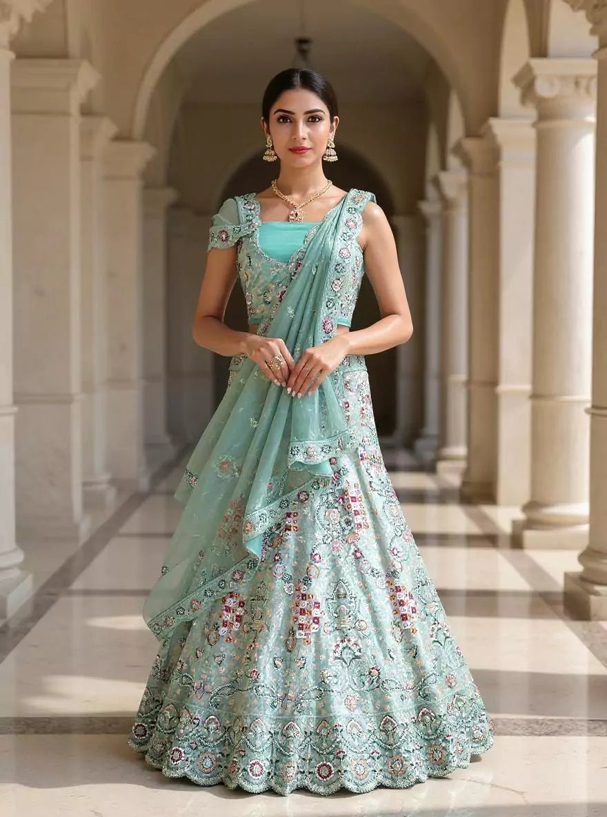 Netted Sea Green Lehenga with Heavy Zardosi Work – South India