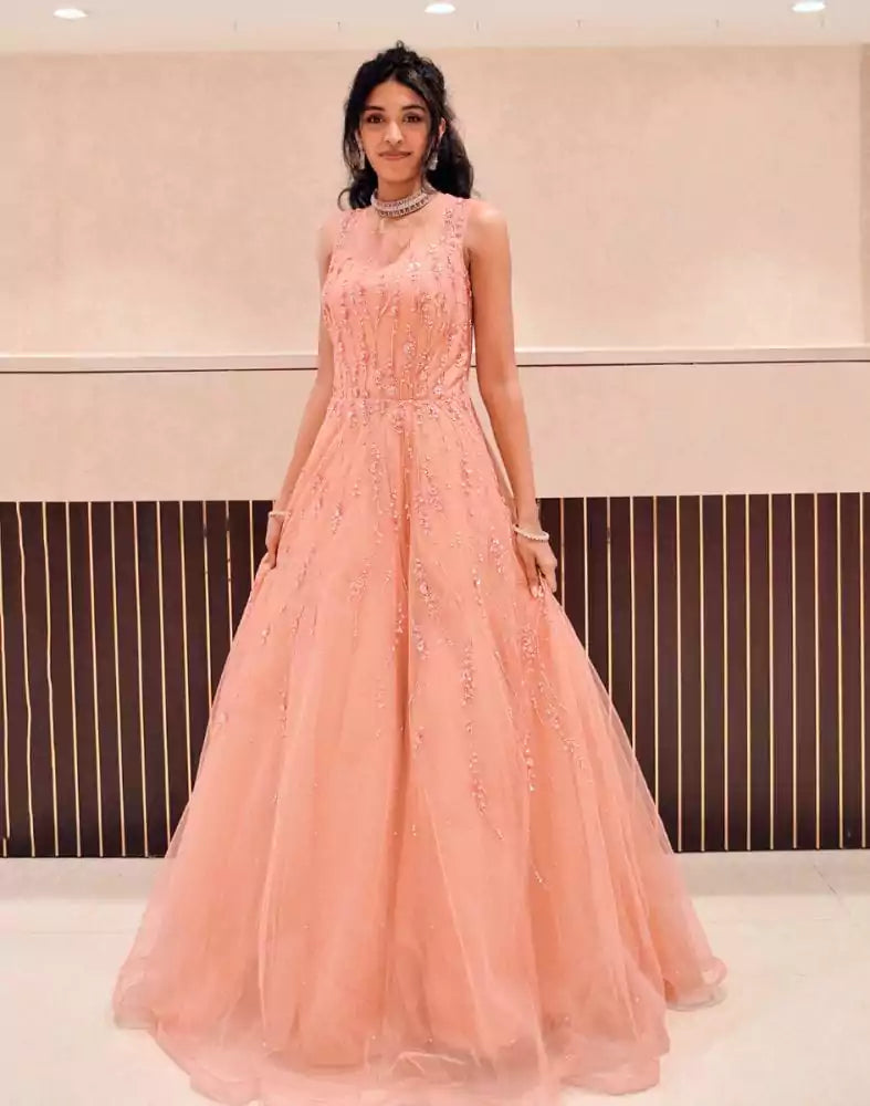 Peach fully flared Netted Embellished Gown – South India Shopping Mall