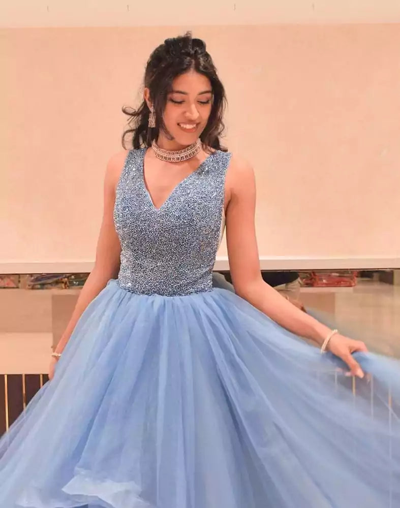 Blue colour fully flared Crystal work Netted Gown South India Shopping Mall Blue colour fully flared Crystal work Netted Gown South India Shopping Mall