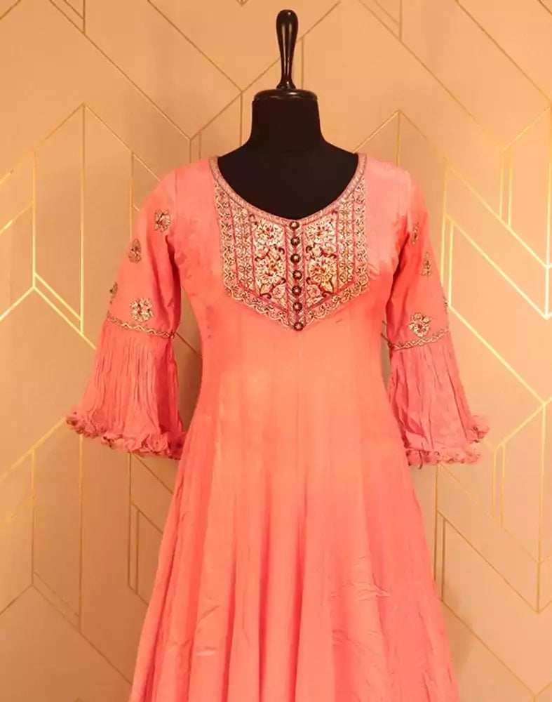 Designer Peach Flared Plain Chiffon Dress Gown South India Shopping Mall Designer Peach Flared Plain Chiffon Dress Gown South India Shopping Mall