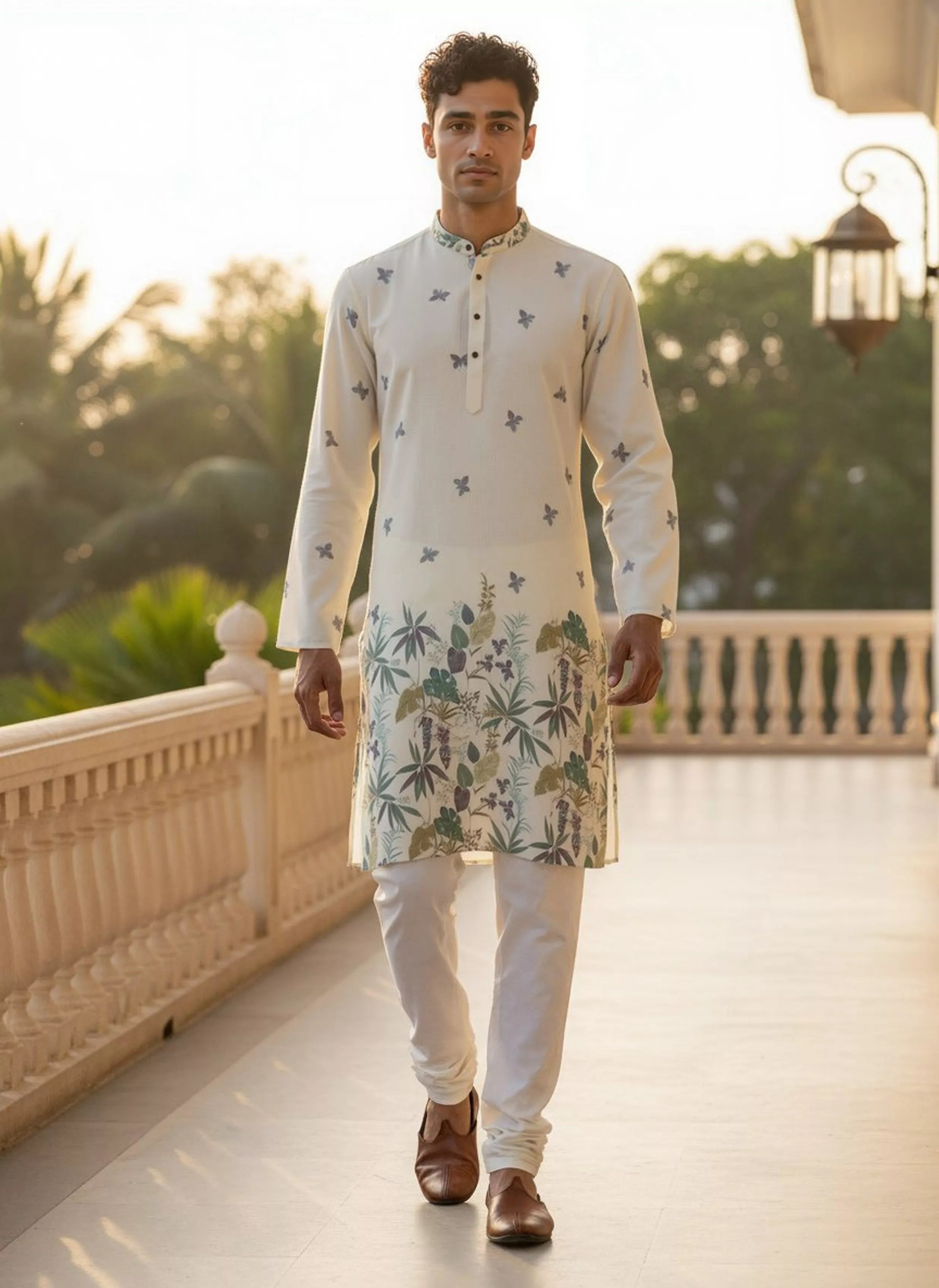 Lemon Floral Daman Print Lenin Kurta Pyjama Set – South India
