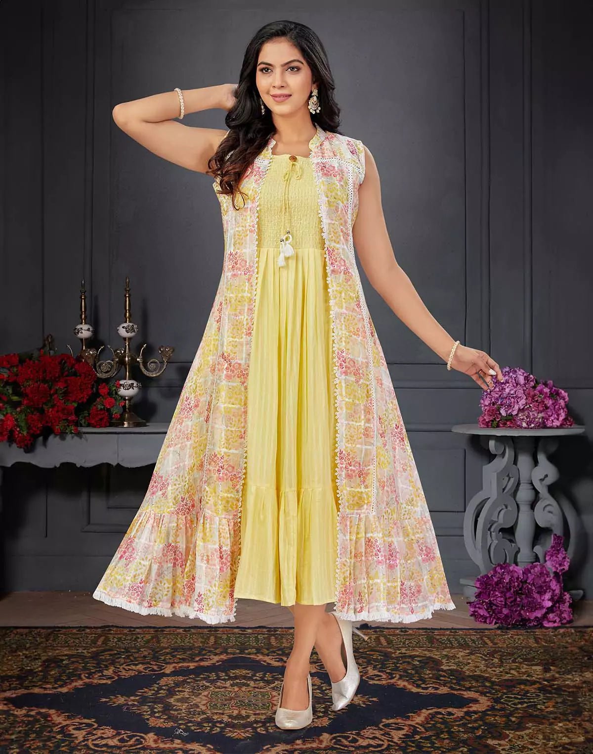 Light Yellow Floral Print Cotton Silk Kurti with Shrug – South