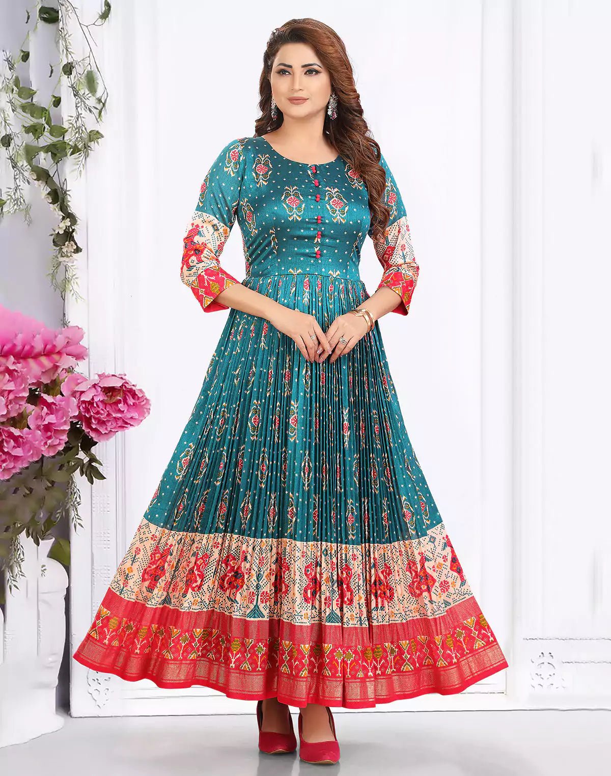 Peacock Blue Cotton Silk Ikat Print Designer Kurti – South India