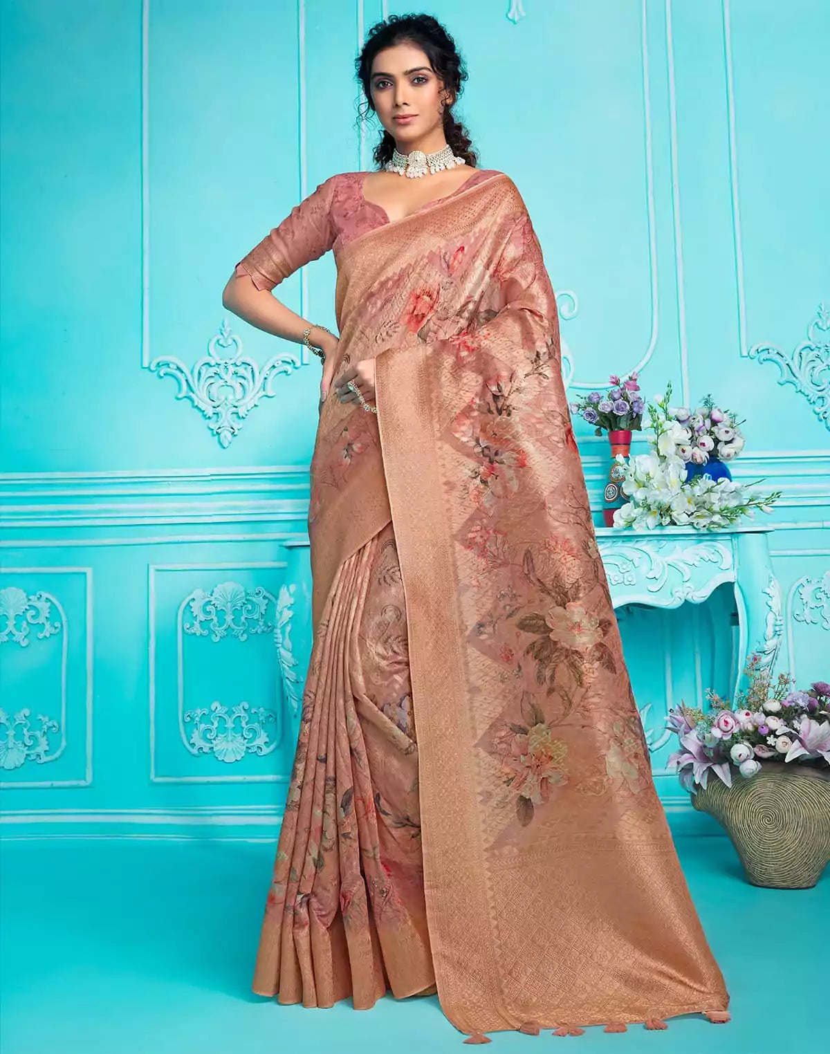 Peachmode Digital Print with Zari Weaving Organza Saree – South