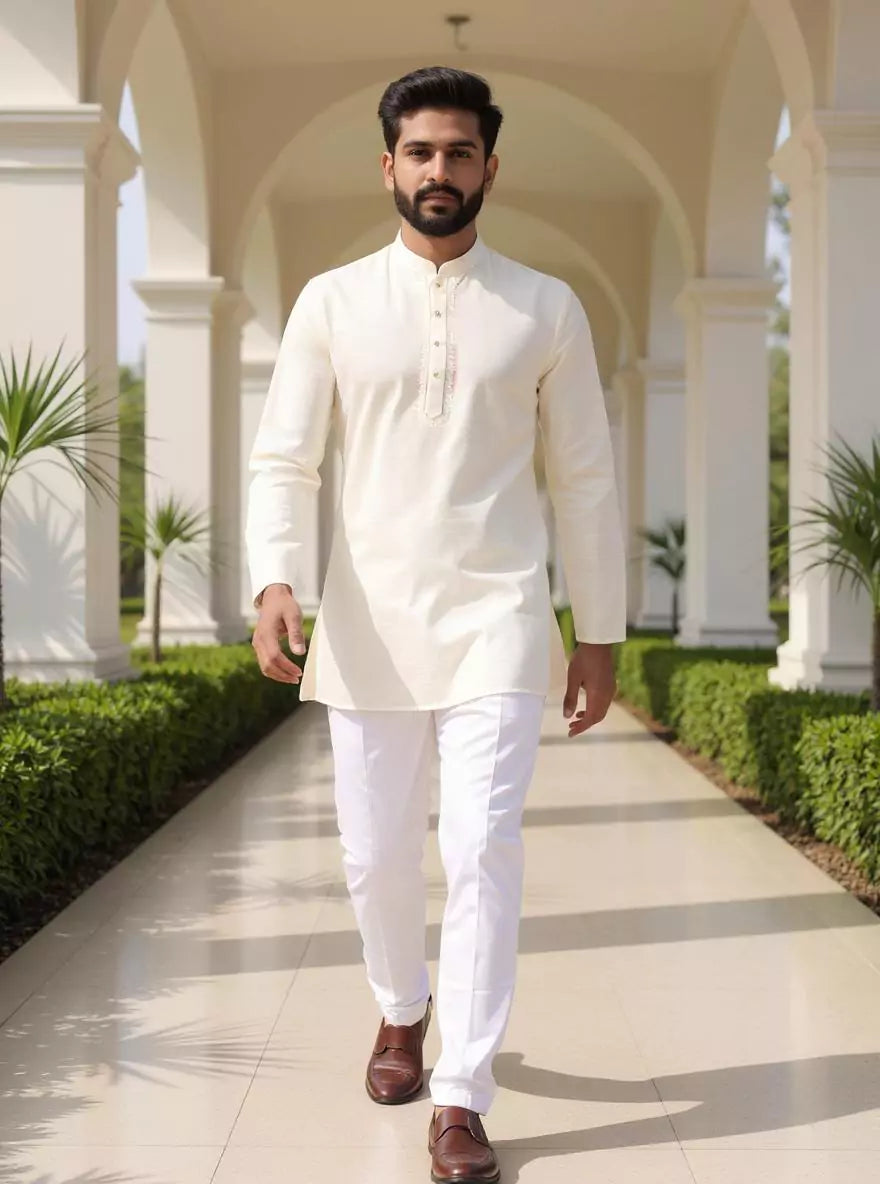 Raw Silk Plain Off White Men's Full Sleeve Short Kurta South India Shopping Mall Raw Silk Plain Off White Men's Full Sleeve Short Kurta South India Shopping Mall
