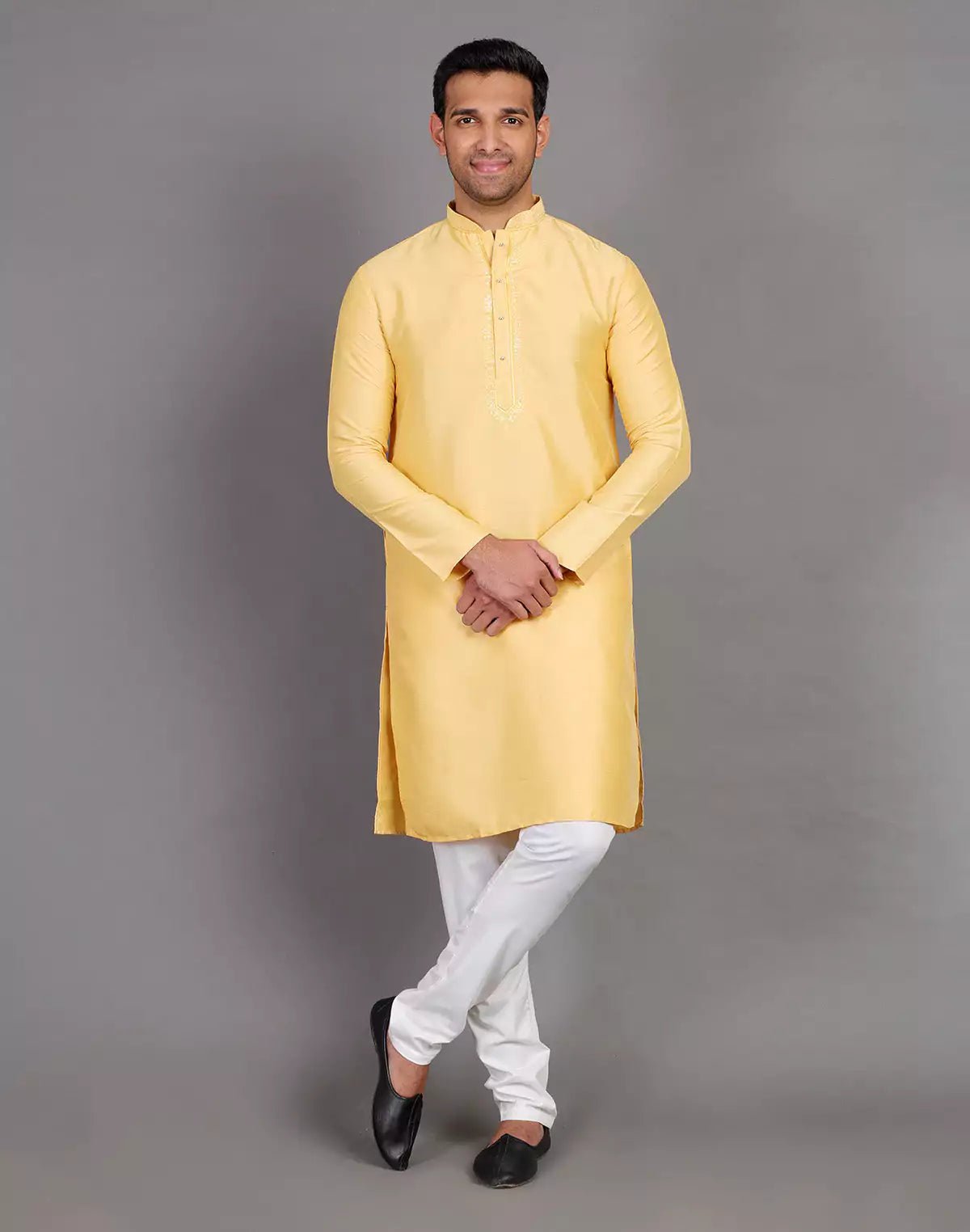 Simple Yellow Coloured Plain Soft Silk Kurta Pajama – South India