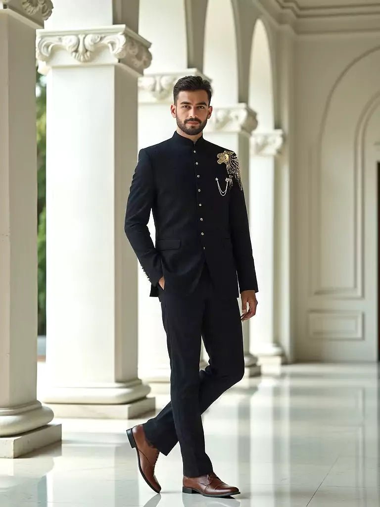 Trendy Lion RRR Style Black Polynosic Cutdana Bandhgala Suit