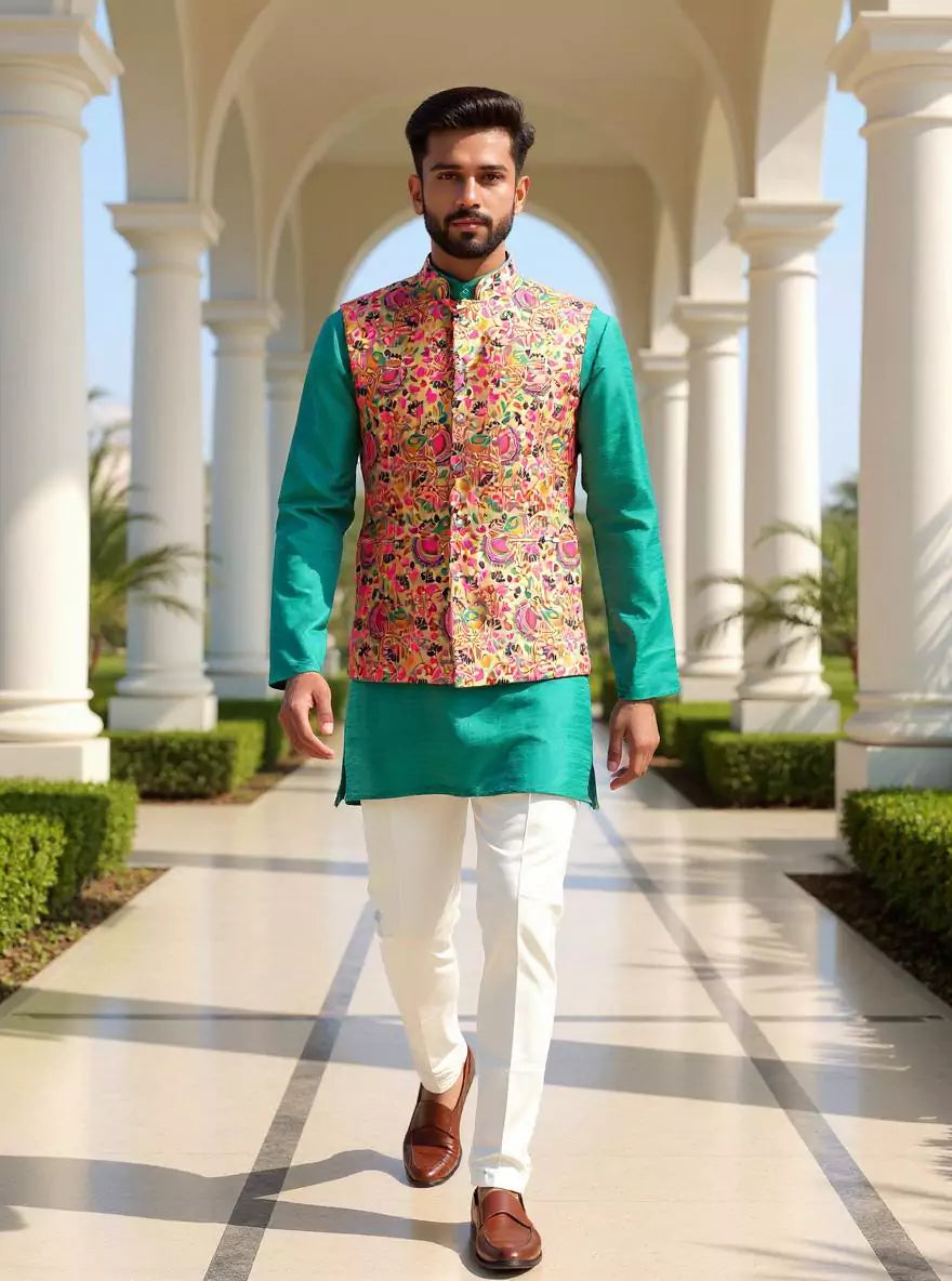 Gold Floral Paithani Design Brocade Waistcoat – South India
