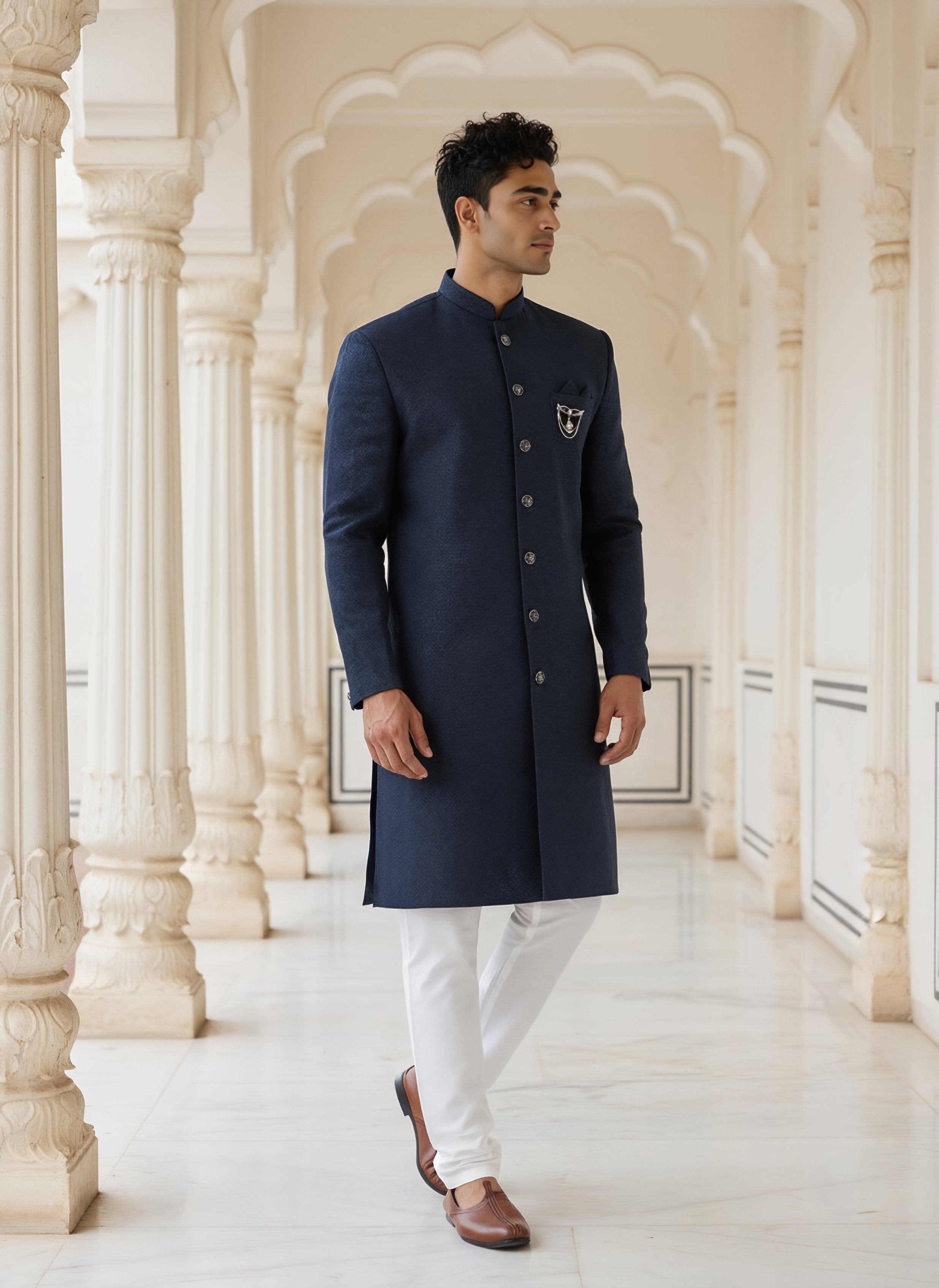 Image of Navy Coloured Jacquard Self Design Semi Indo
