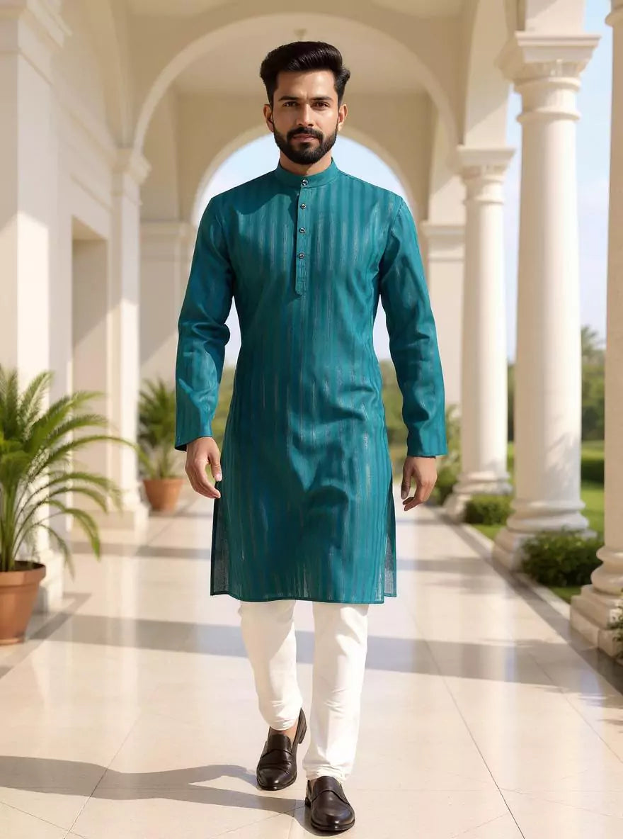 Striped Patterned Cotton Kurta Pajama with Thread work