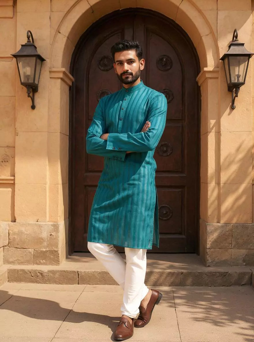 Striped Patterned Cotton Kurta Pajama with Thread work