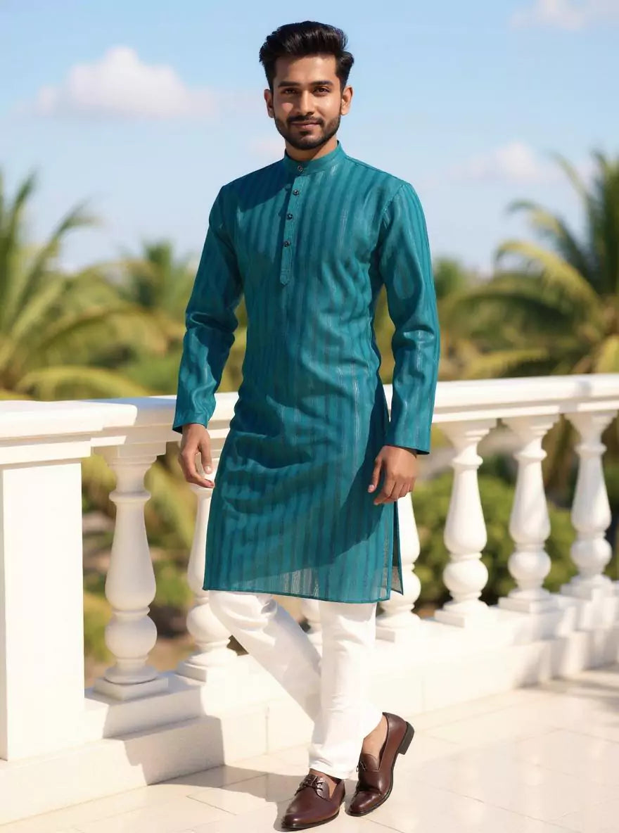 Striped Patterned Cotton Kurta Pajama with Thread work
