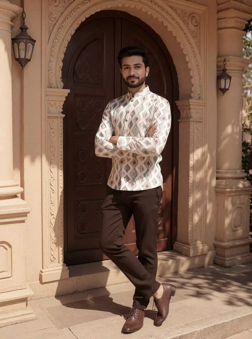 Image of Natural Colour Ikat Printed Giza Cotton Short Kurta