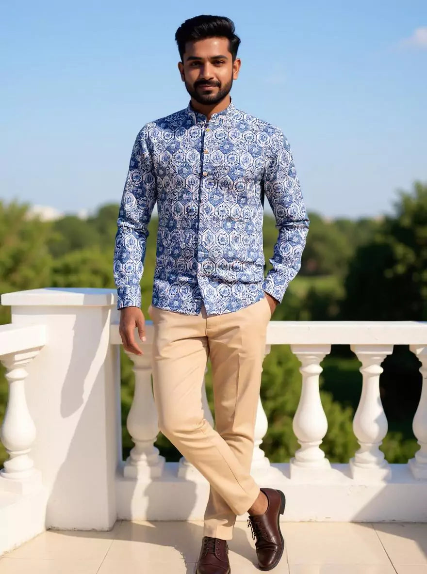 Image of Stylish Blue Coloured Floral Print Giza Cotton Men Short Kurta