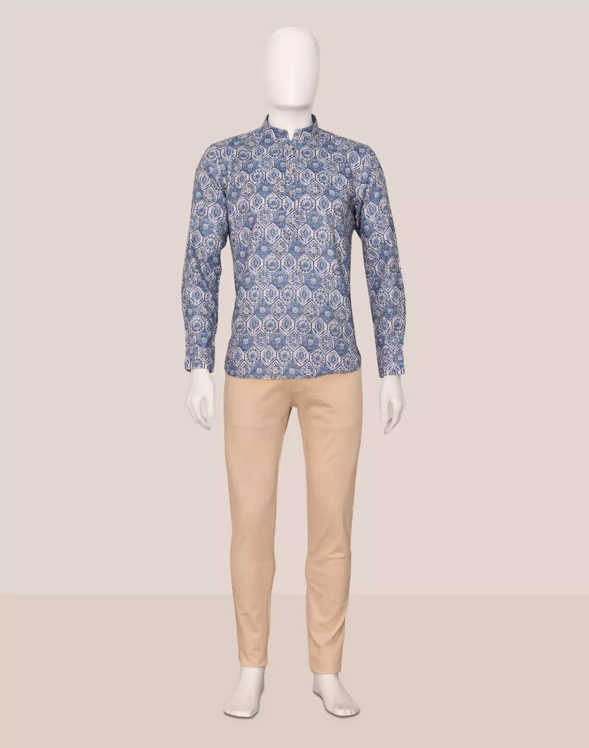 Image of Stylish Blue Coloured Floral Print Giza Cotton Men Short Kurta