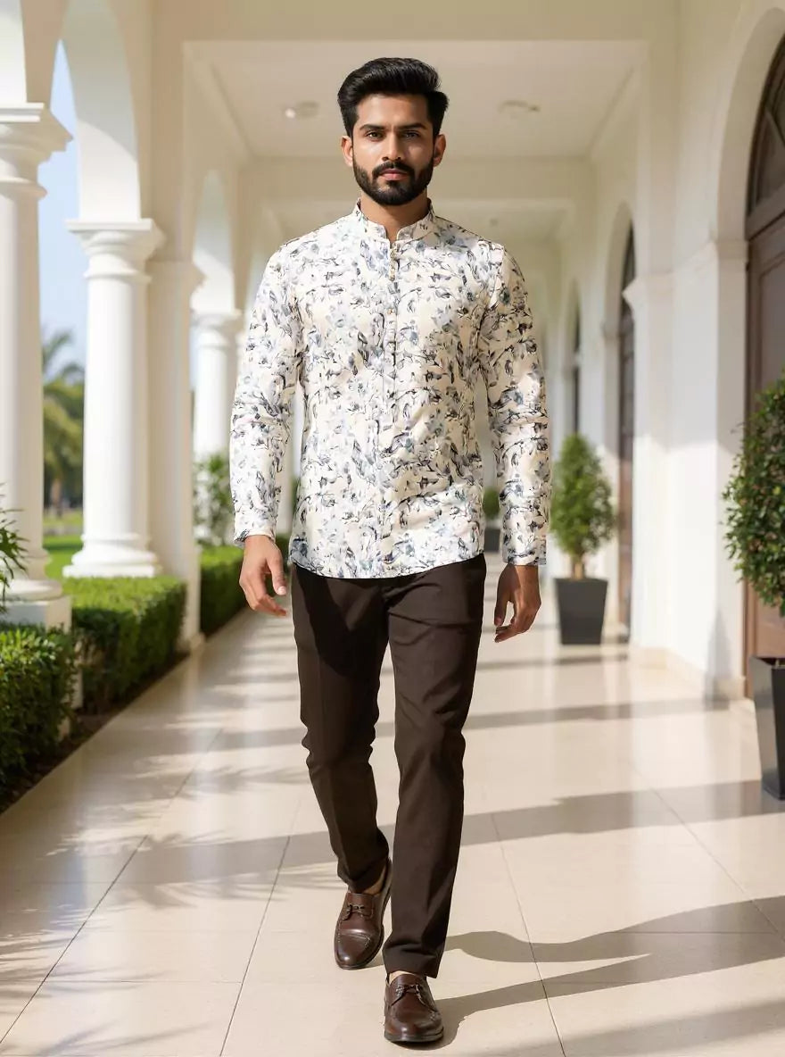 Image of Cream Elegance Glaxo Cotton Floral Print Short Kurta