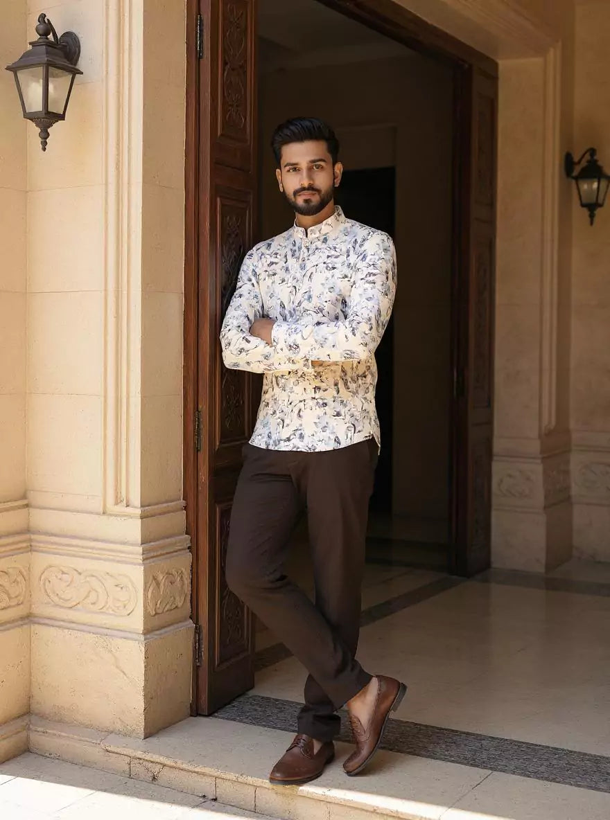 Image of Cream Elegance Glaxo Cotton Floral Print Short Kurta