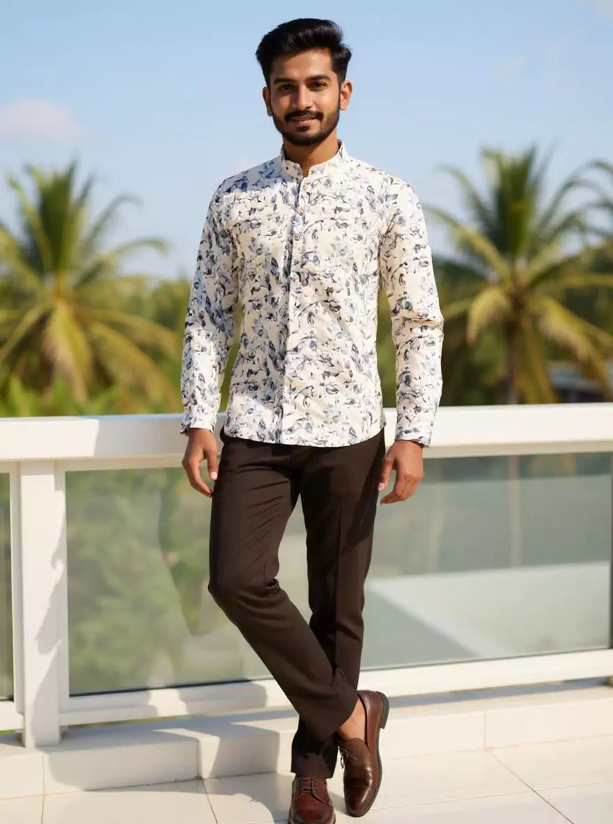 Cream Elegance Glaxo Cotton Floral Print Short Kurta