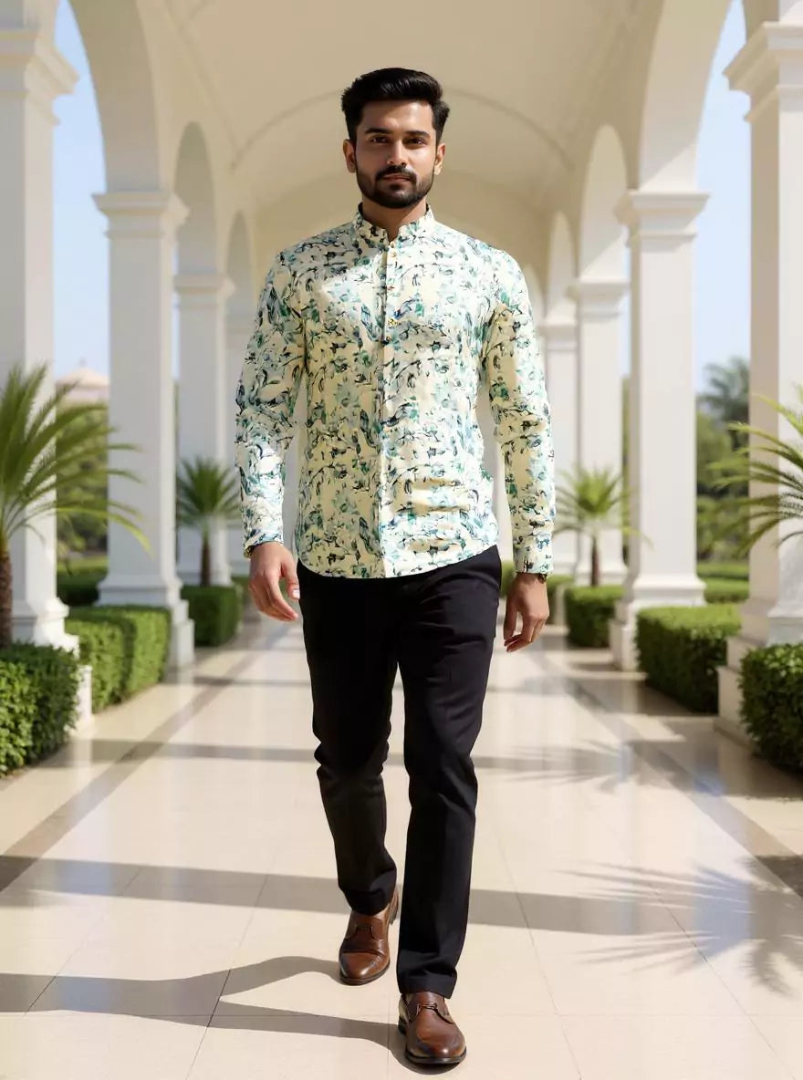 Image of Men Floral Printed Glaxo Cotton Light Pista Short Kurta