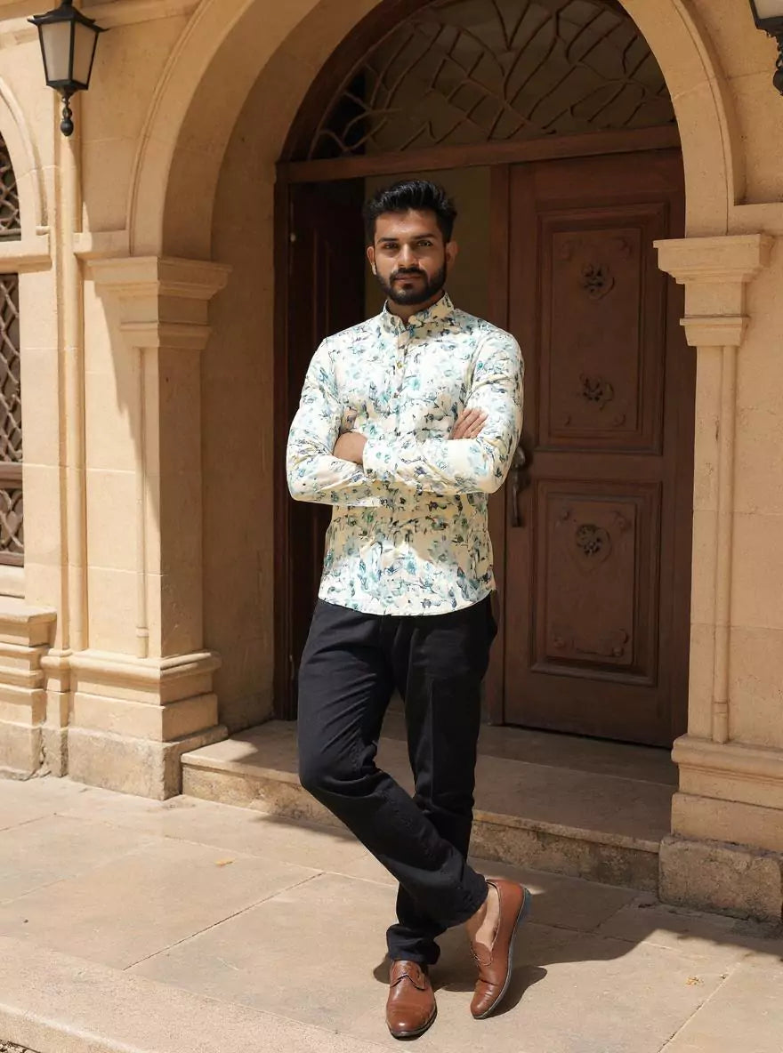 Image of Men Floral Printed Glaxo Cotton Light Pista Short Kurta