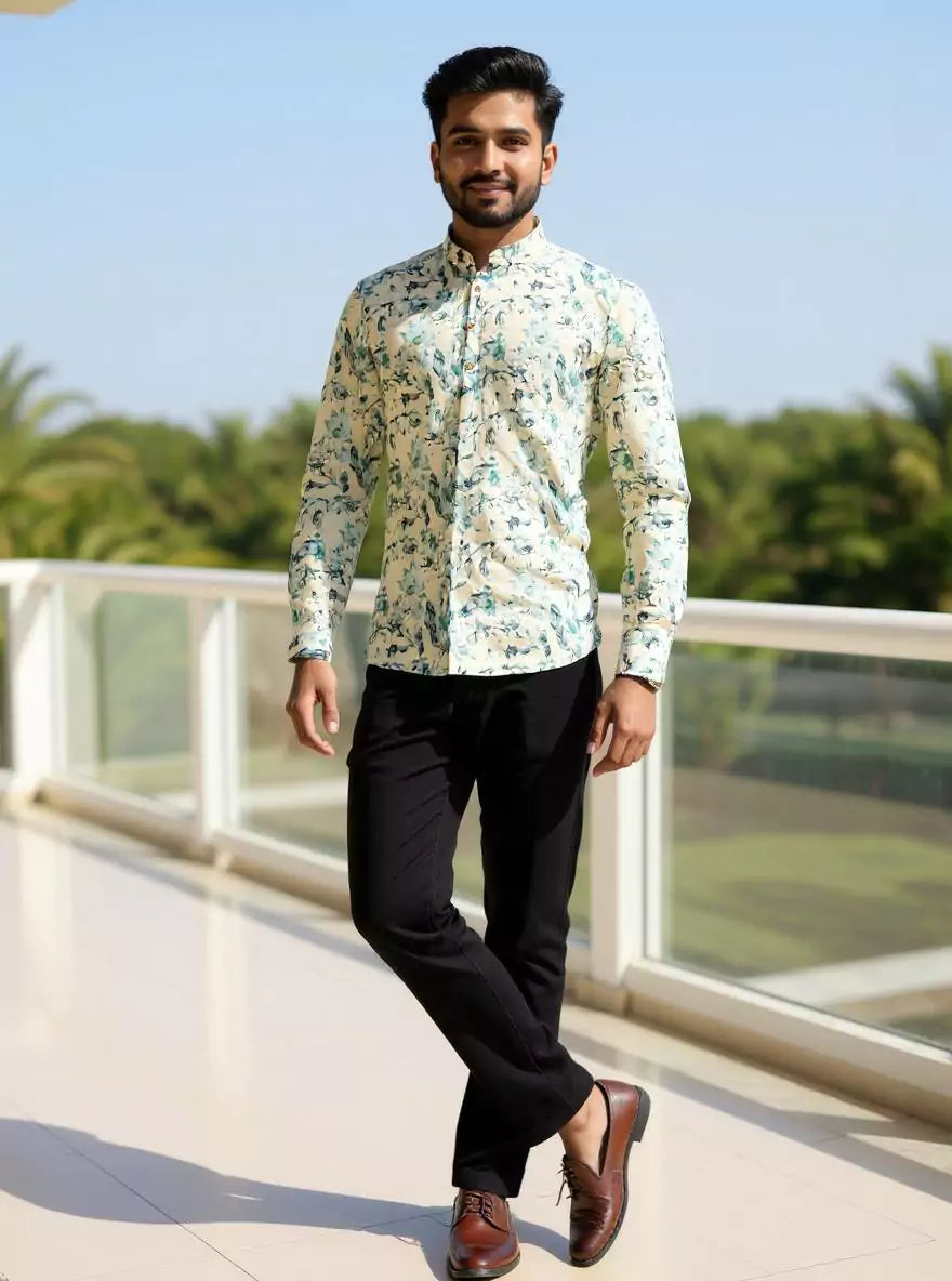 Image of Men Floral Printed Glaxo Cotton Light Pista Short Kurta