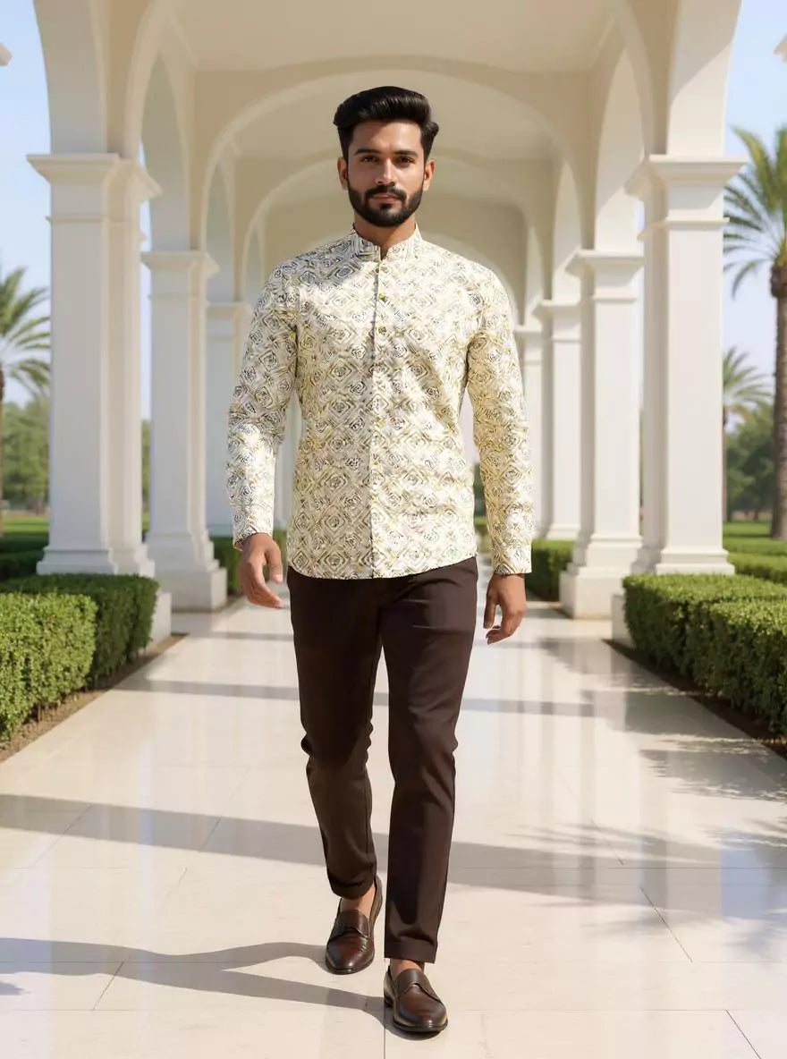 Image of Pista Trellis Patterned Glaxo Cotton Short Kurta for Men