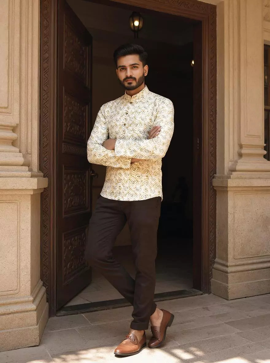 Image of Pista Trellis Patterned Glaxo Cotton Short Kurta for Men