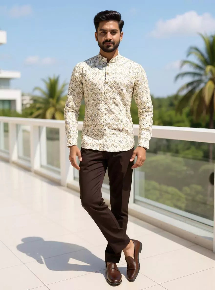 Pista Trellis Patterned Glaxo Cotton Short Kurta for Men