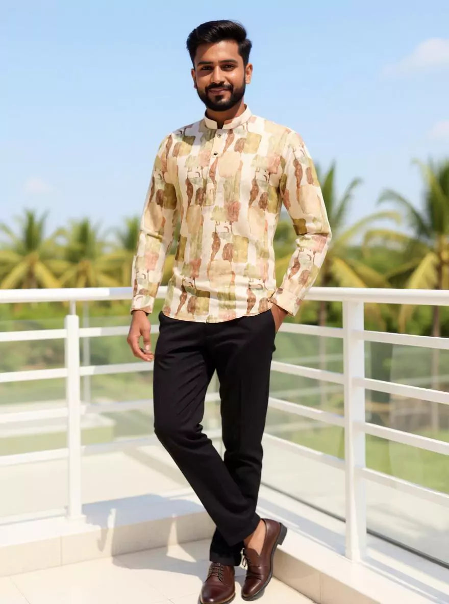 Image of Graphic Print Giza Cotton Short Kurta in Brown