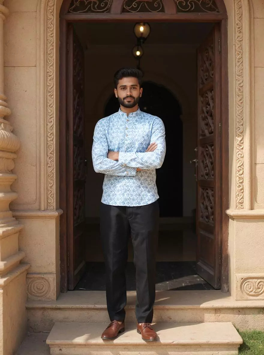 Image of Blue Geometric Print Glaxo Cotton Short Kurta for Men