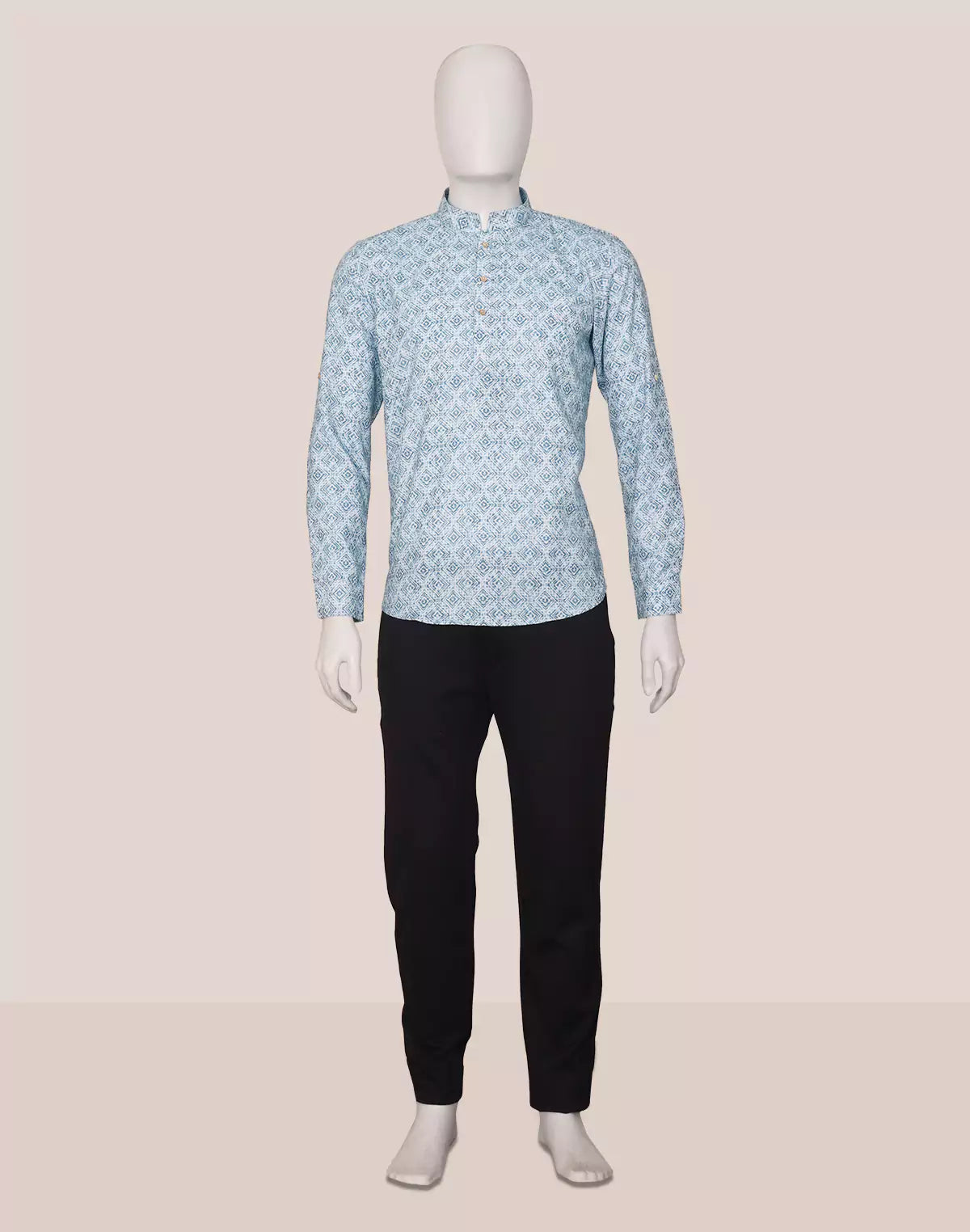 Image of Blue Geometric Print Glaxo Cotton Short Kurta for Men