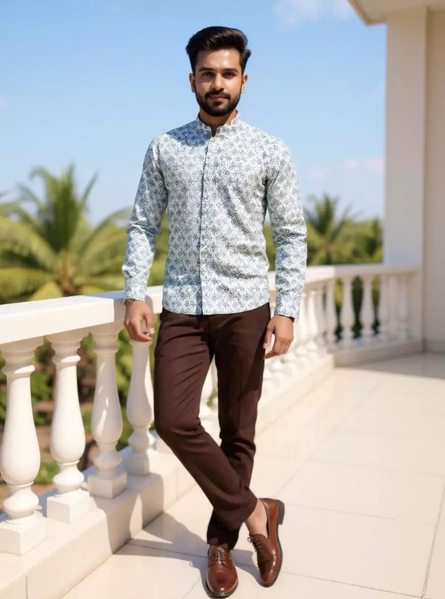 Image of Grey Men's Geometric Printed Glaxo Cotton Short Kurta