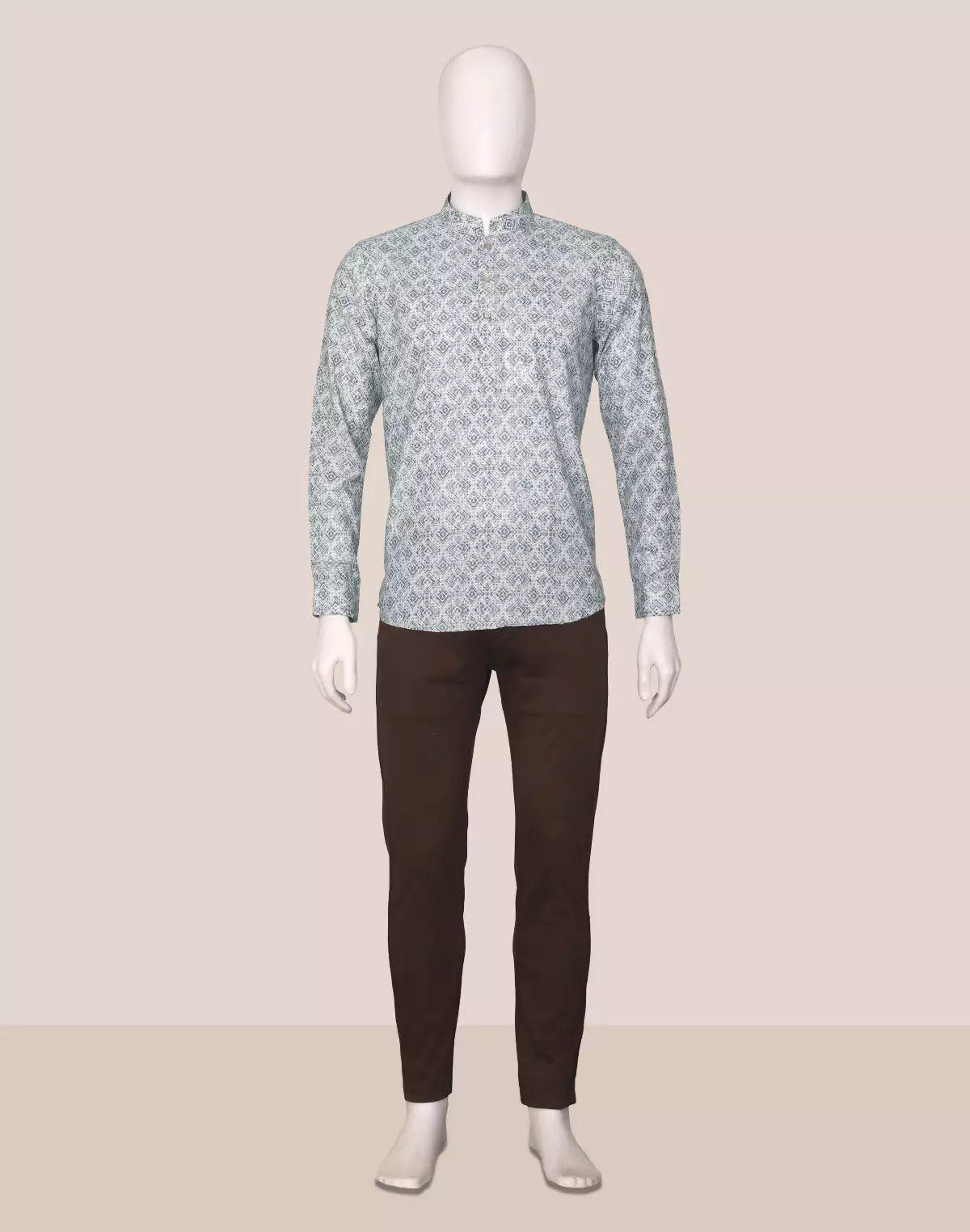 Image of Grey Men's Geometric Printed Glaxo Cotton Short Kurta
