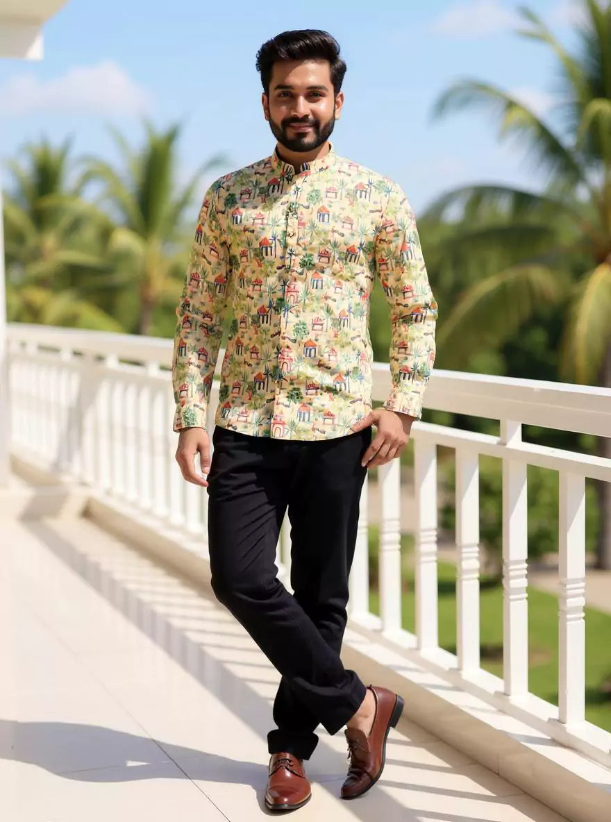 Image of Mustard Botanical with Novelty Patterned Glaxo Cotton Short Kurta