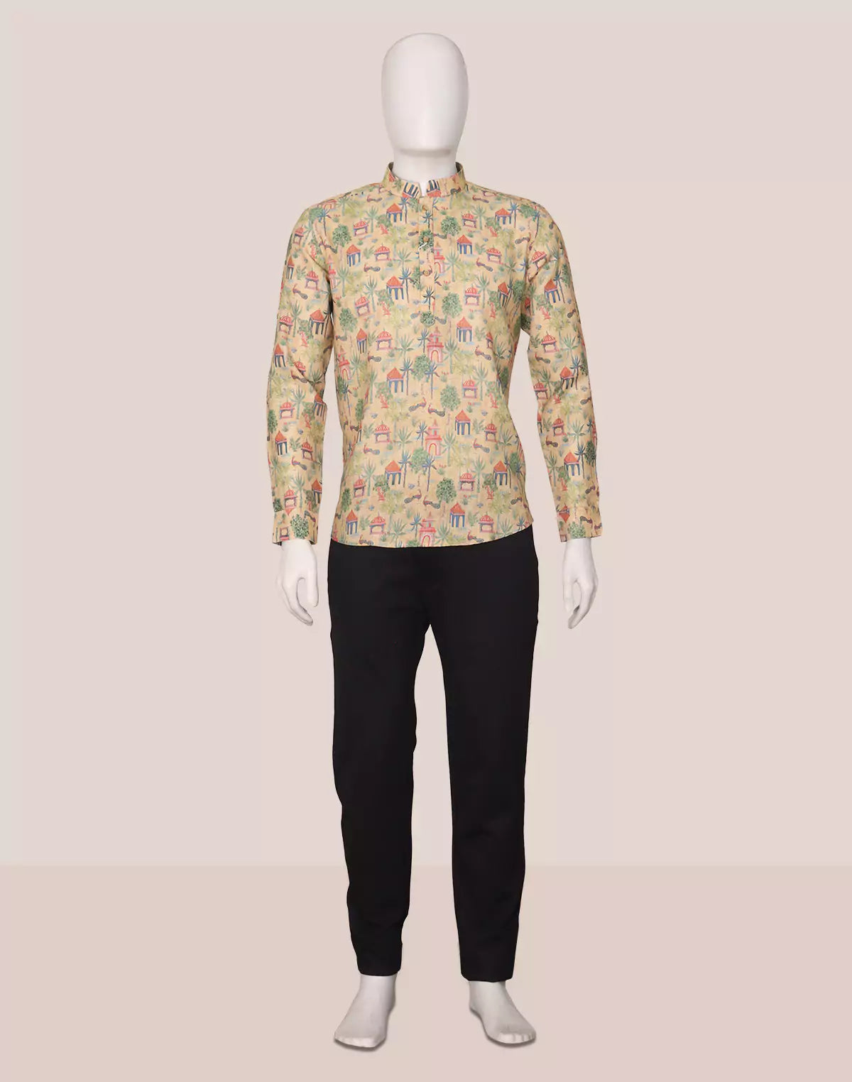 Image of Mustard Botanical with Novelty Patterned Glaxo Cotton Short Kurta