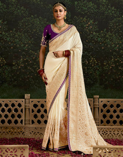 Women's Dola Silk Cream Embroidered Designer Saree With Blouse Piece