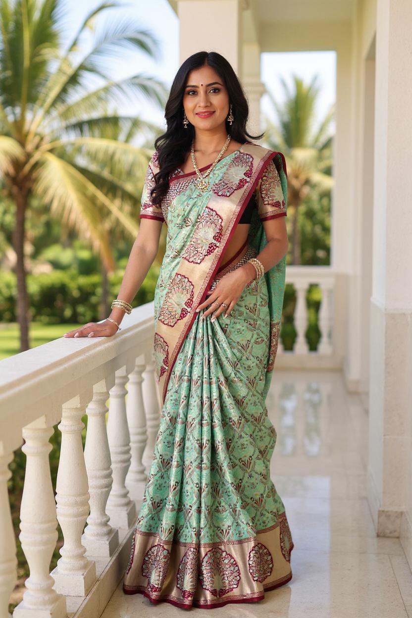 Sea Green Floral Kanchi Meenakari Design Silk Saree