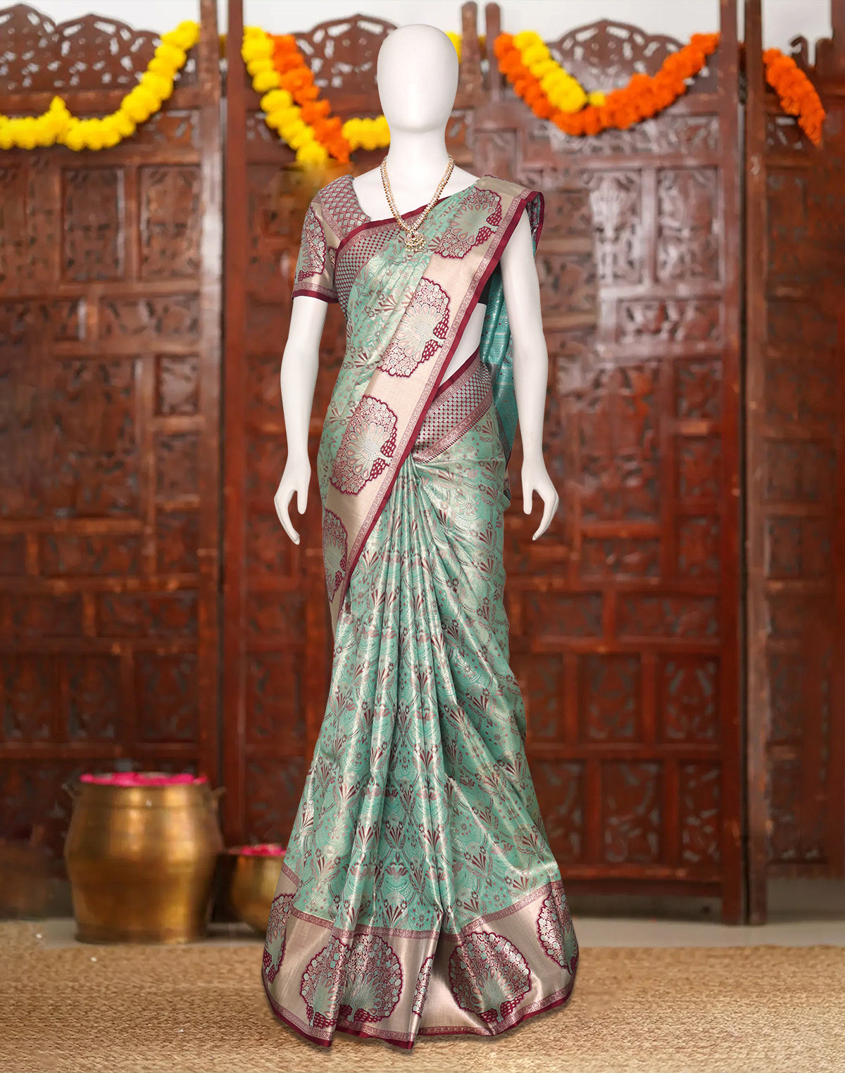 Sea Green Floral Kanchi Meenakari Design Silk Saree