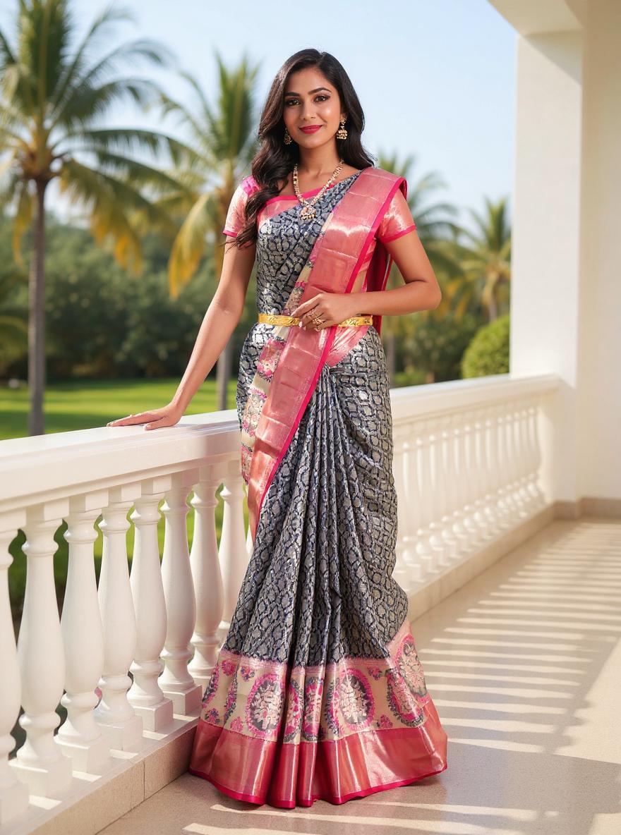 Navy Blue Floral Silver Zari Kanchi Meenakari Silk Saree