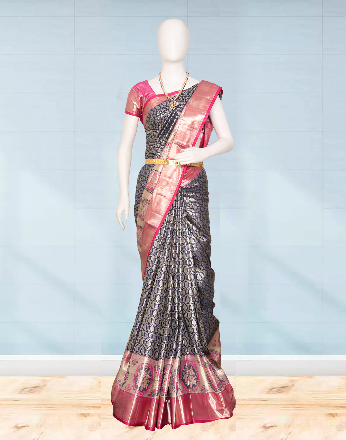 Image of Navy Blue Floral Silver Zari Kanchi Meenakari Silk Saree
