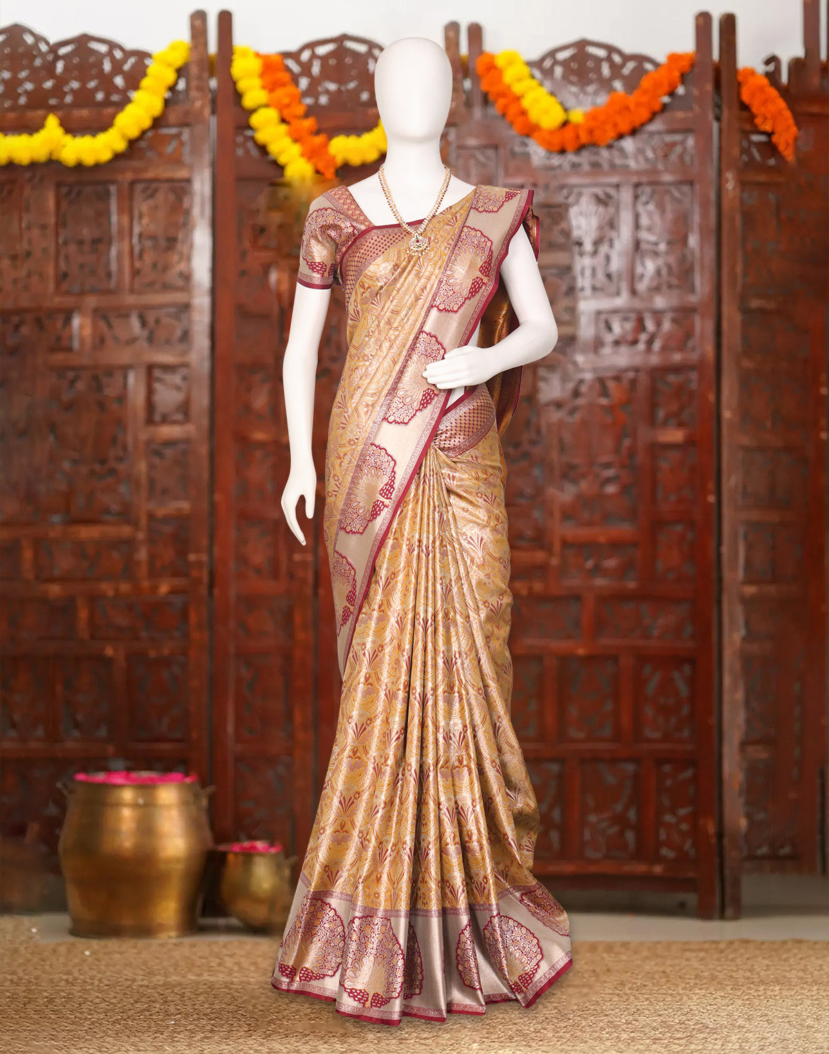 Image of Mustard Floral Kanchi Meenakari Pattu Saree