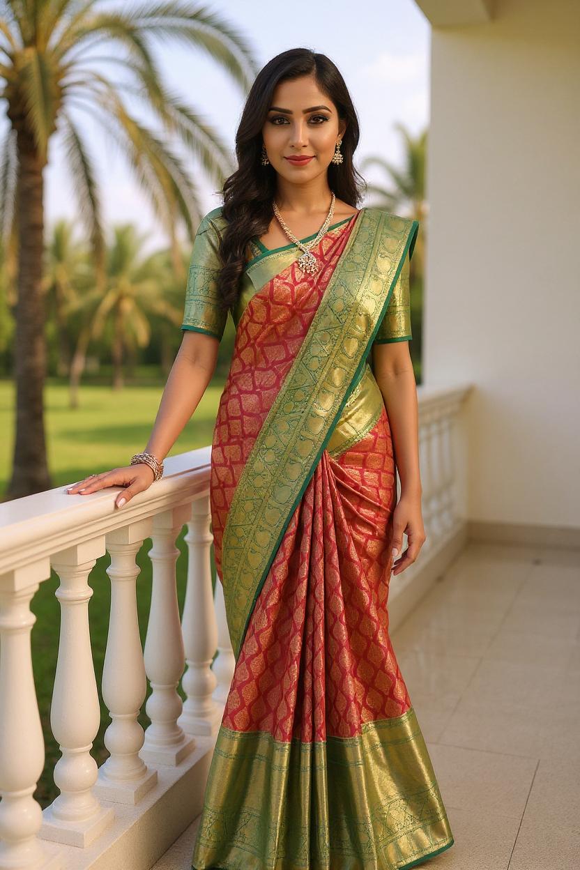 Image of Floral Zari Maroon Kanchi Pattu Silk Saree with Contrast Border