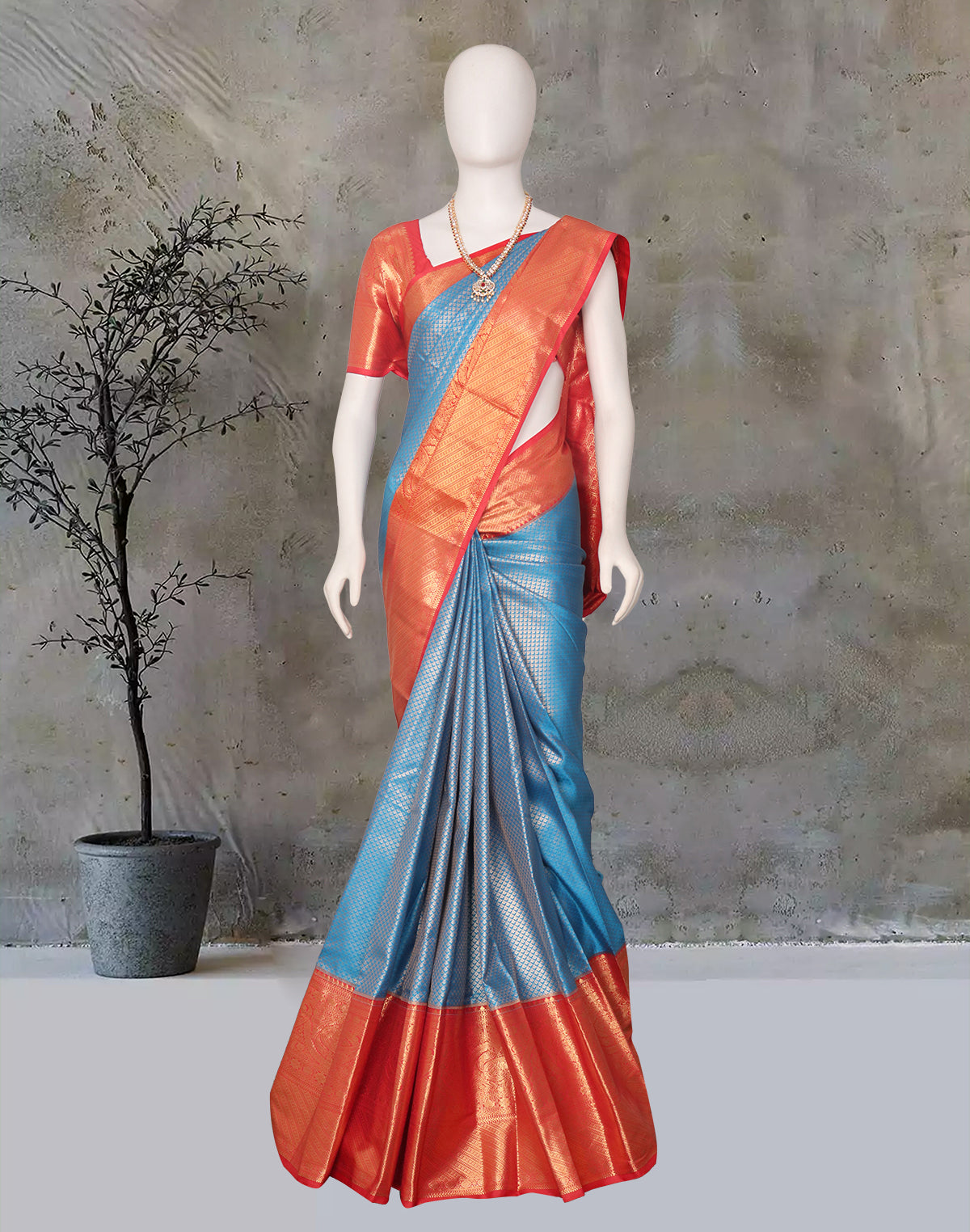 Sky Blue Brocade Design Big Contrast Border Kanchi Pattu Silk Saree