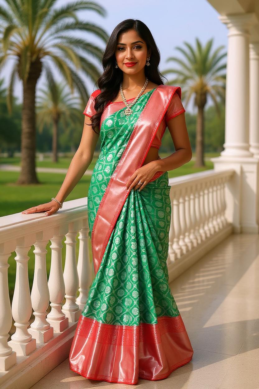 Dark Green Novelty and Floral Silver Zari Kanchi Pattu Silk Saree