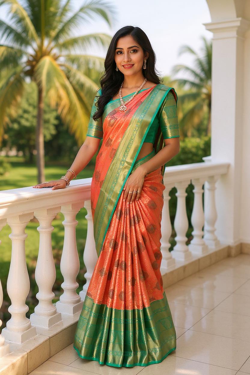 Double Shaded Pink Tissue Meenakari Design Kanchi Pattu Silk Saree