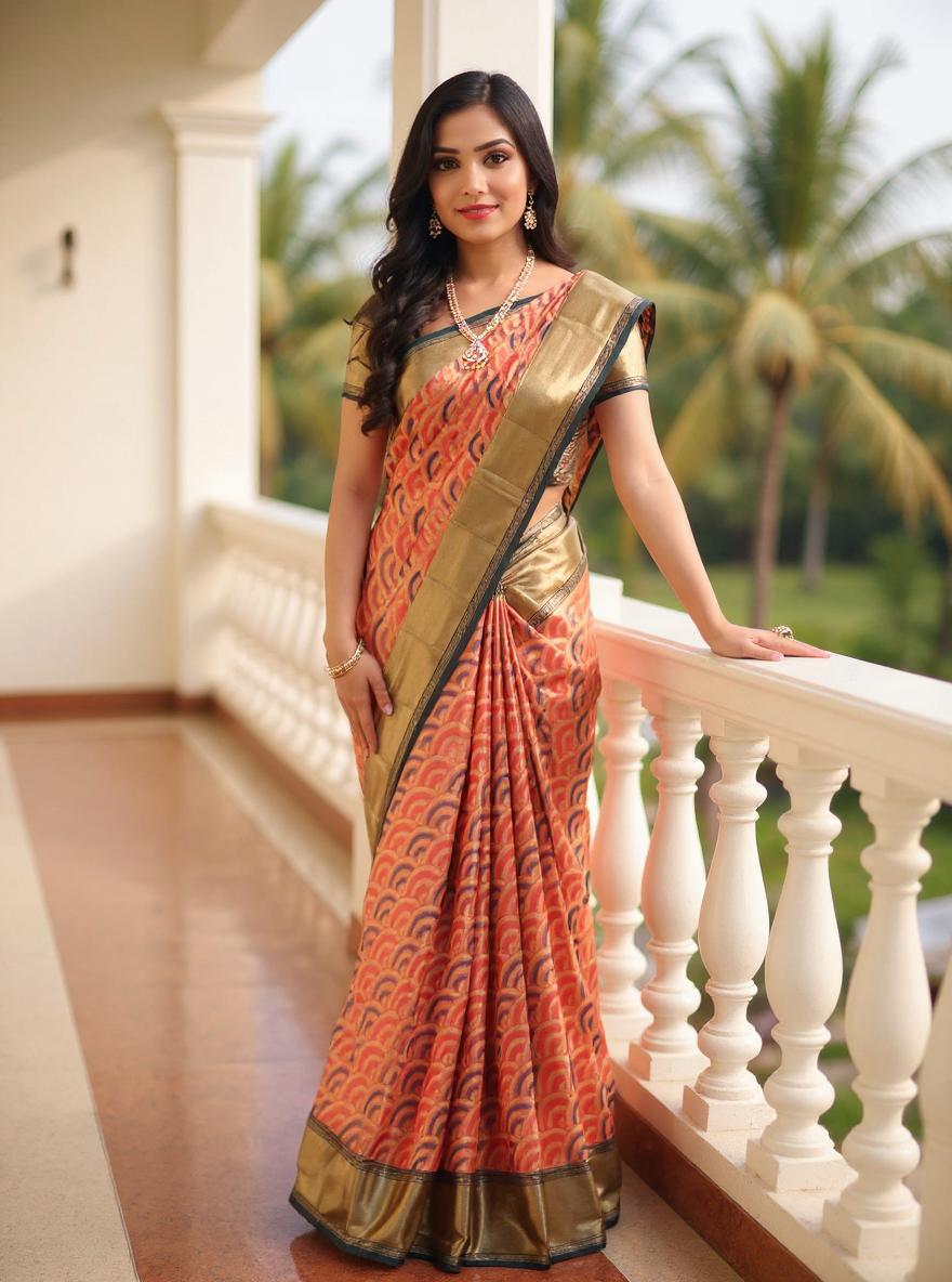 Image of Double Shaded Tissue Jaal Peach Kanchi Padiya Pattu Silk Saree