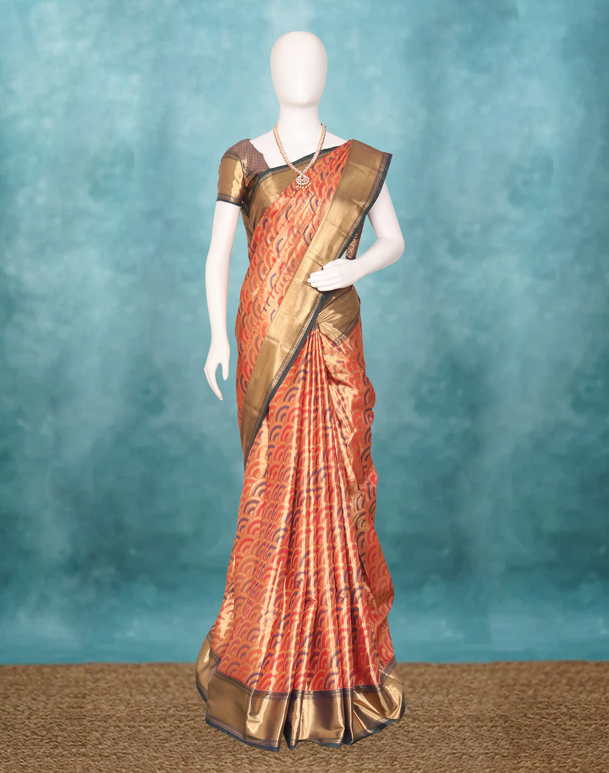 Double Shaded Tissue Jaal Peach Kanchi Padiya Pattu Silk Saree
