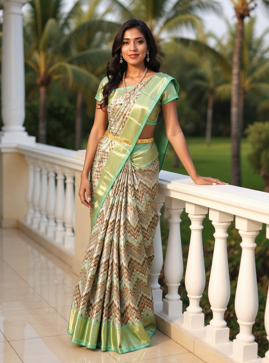 Image of Double Shaded Tissue Jaal Multi Color Zig Zag Patterned Kanchi Padiya Pattu Silk Saree